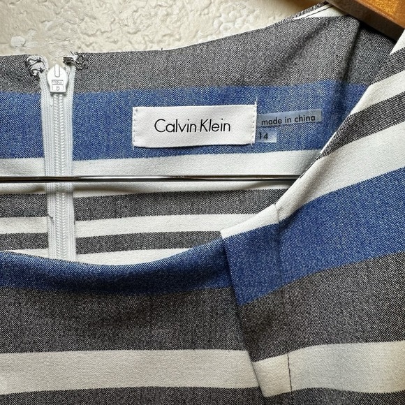 Calvin Klein Womens 14 Blue Gray Striped Sheath Scuba Stretch Knee Length Formal - Picture 3 of 6